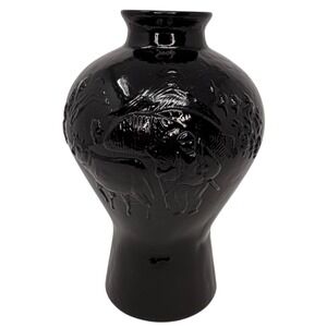 Vintage Black Gloss Pottery Vase Asian Village Relief Scene Decorative Vessel